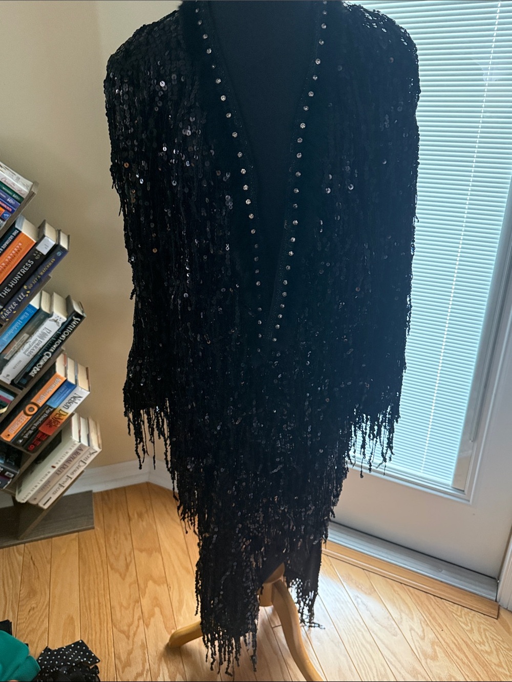Black Sequined Fringe V-Neck jacket and skirt by Rich Radi Q’s